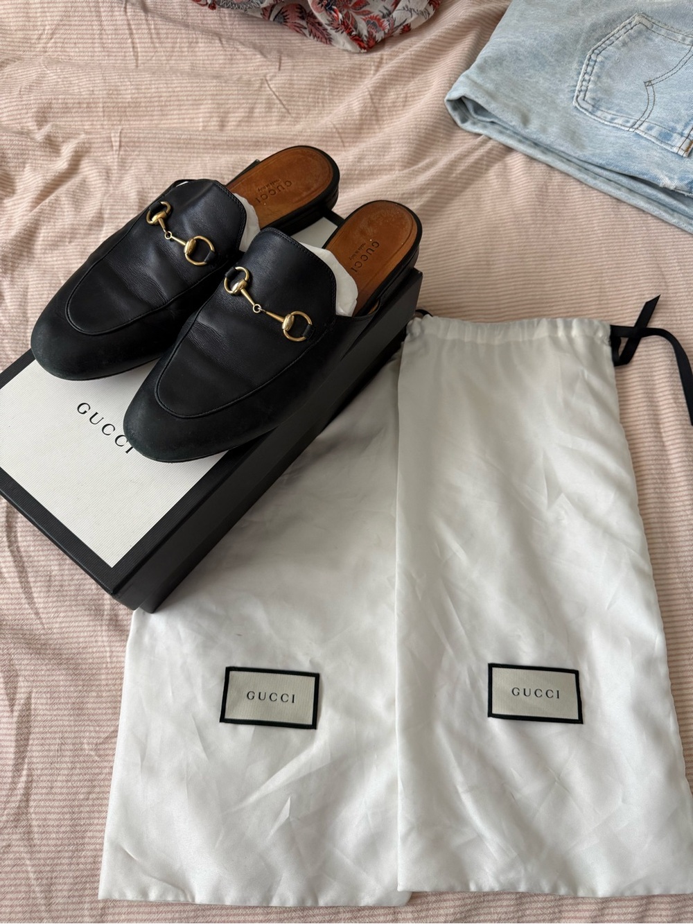 Gucci Black Leather Slip-On Mules with Gold Horsebit